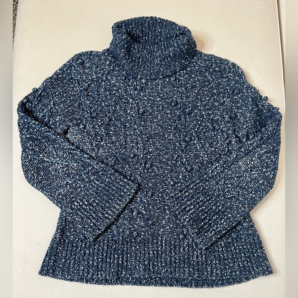 Kate Spade Navy Marled Cable Knit Turtleneck Sweater Chunky Fisherman Après Ski